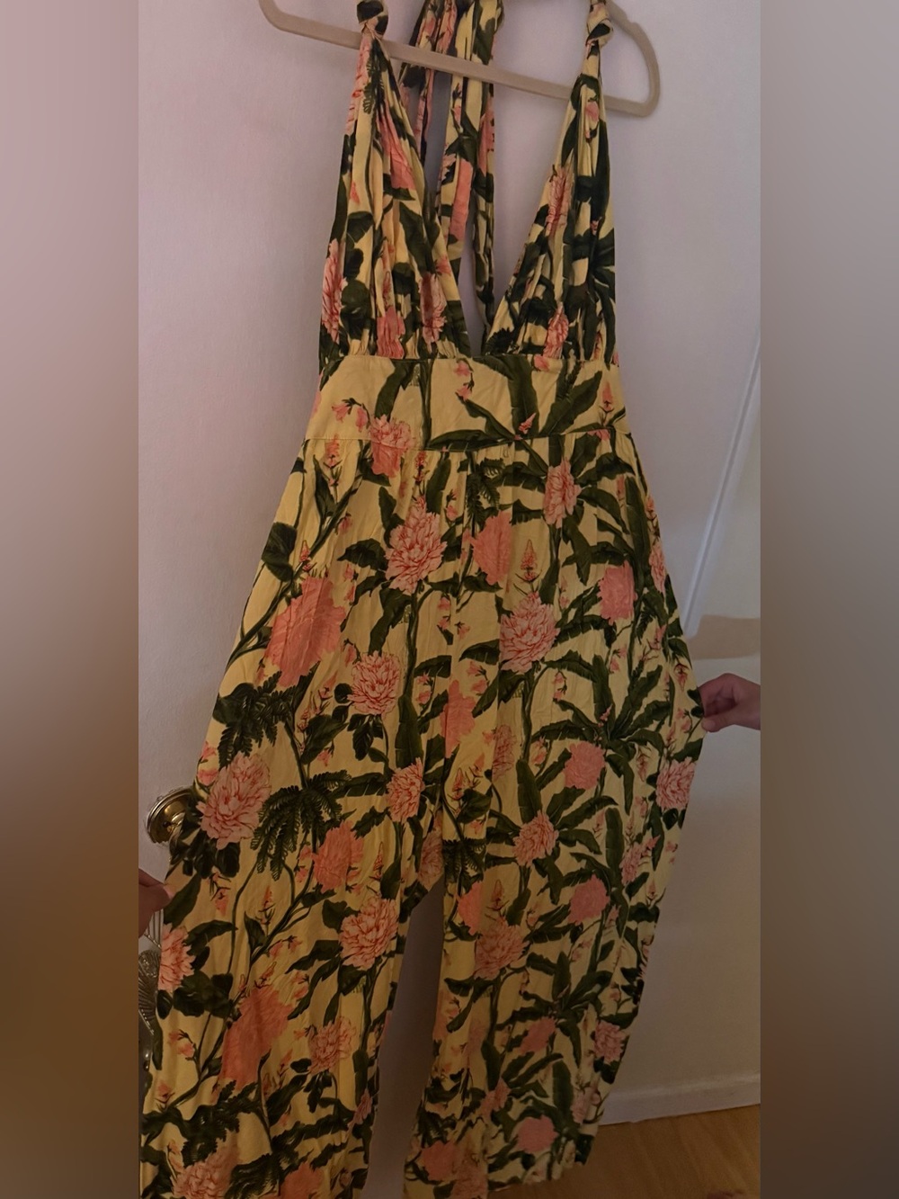 Agua Bendita backless Yellow Floral Jumpsuit with Pink Blooms and Green Leaves
